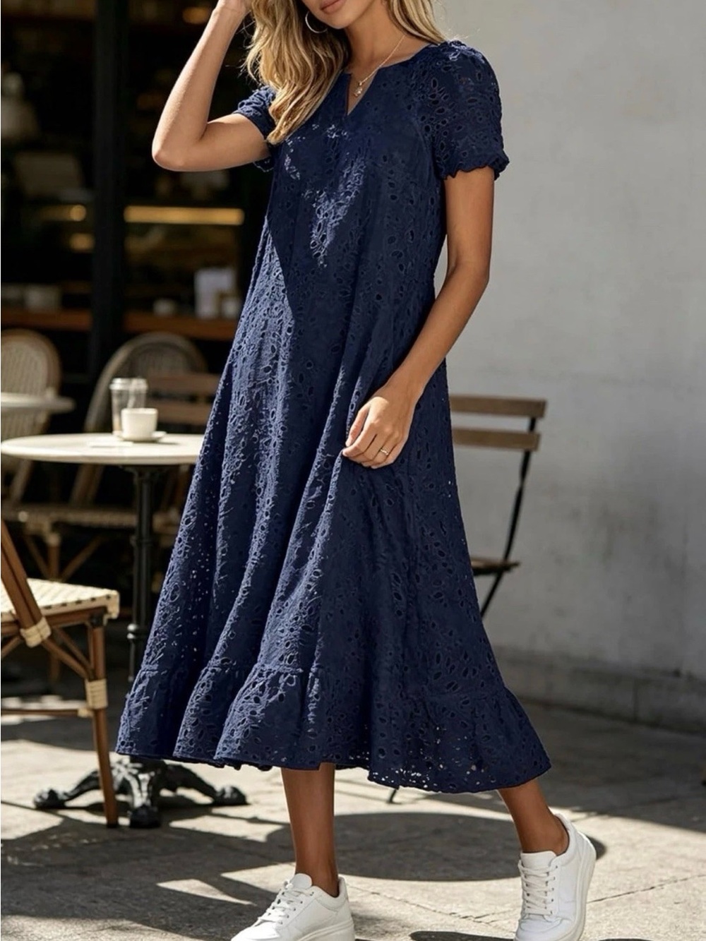 Women's Navy Eyelet Chouyatou Midi Dress - Breezy Summer